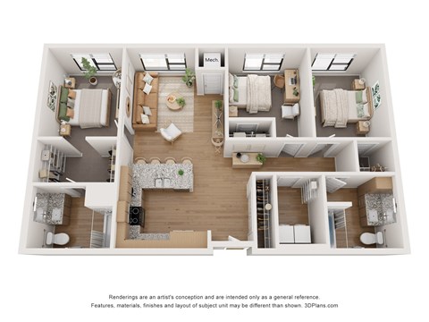 Floor plan for 3 beds, 2 baths, 1271 sqft